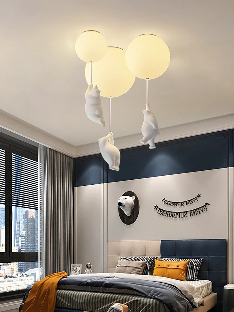 Nordic Resin Cartoon Bear Children's Room Bedroom Ceiling Light Acrylic Ball Dining Room Corridor Chandelier Warm Room Light E27 - Image 3