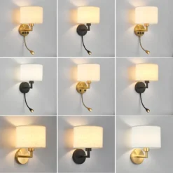 Lámpara de pared de noche con foco giratorio, moderna pantalla de tela, lámpara de lectura, aplique para dormitorio, decoración del hogar, LED E27