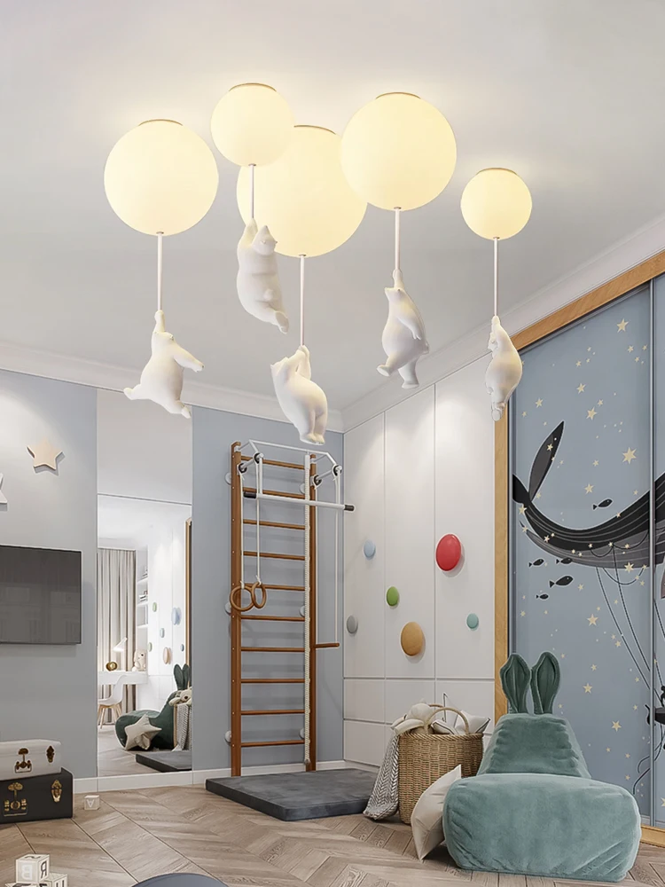 Nordic Resin Cartoon Bear Children's Room Bedroom Ceiling Light Acrylic Ball Dining Room Corridor Chandelier Warm Room Light E27 - Image 5