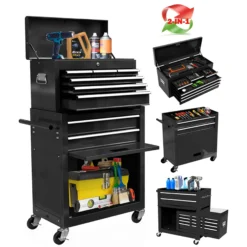 Caja y armario para herramientas 2 en 1, caja de herramientas con ruedas de 8 cajones y gran capacidad