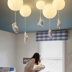 Nordic Resin Cartoon Bear Children's Room Bedroom Ceiling Light Acrylic Ball Dining Room Corridor Chandelier Warm Room Light E27