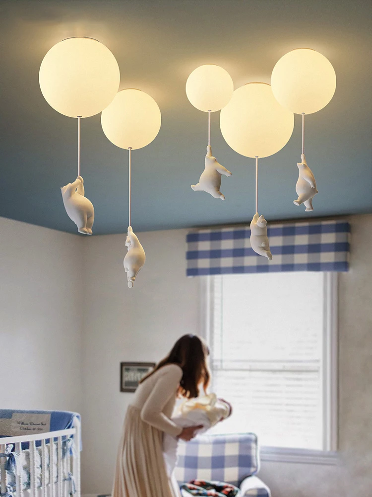 Nordic Resin Cartoon Bear Children's Room Bedroom Ceiling Light Acrylic Ball Dining Room Corridor Chandelier Warm Room Light E27