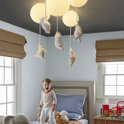 Alternative view of Nordic Resin Cartoon Bear Children's Room Bedroom Ceiling Light Acrylic Ball Dining Room Corridor Chandelier Warm Room Light E27