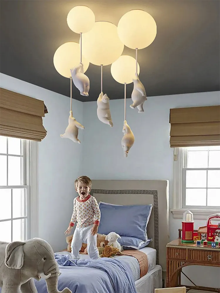 Nordic Resin Cartoon Bear Children's Room Bedroom Ceiling Light Acrylic Ball Dining Room Corridor Chandelier Warm Room Light E27 - Image 2